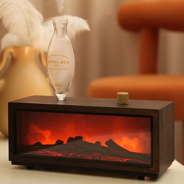 USB Waterless Aroma Diffuser Real Wood Flame Effect LED Night Light Fragrance Diffuser for Home Office Desktop