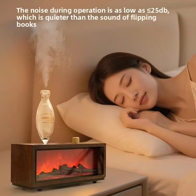 USB Waterless Aroma Diffuser Real Wood Flame Effect LED Night Light Fragrance Diffuser for Home Office Desktop